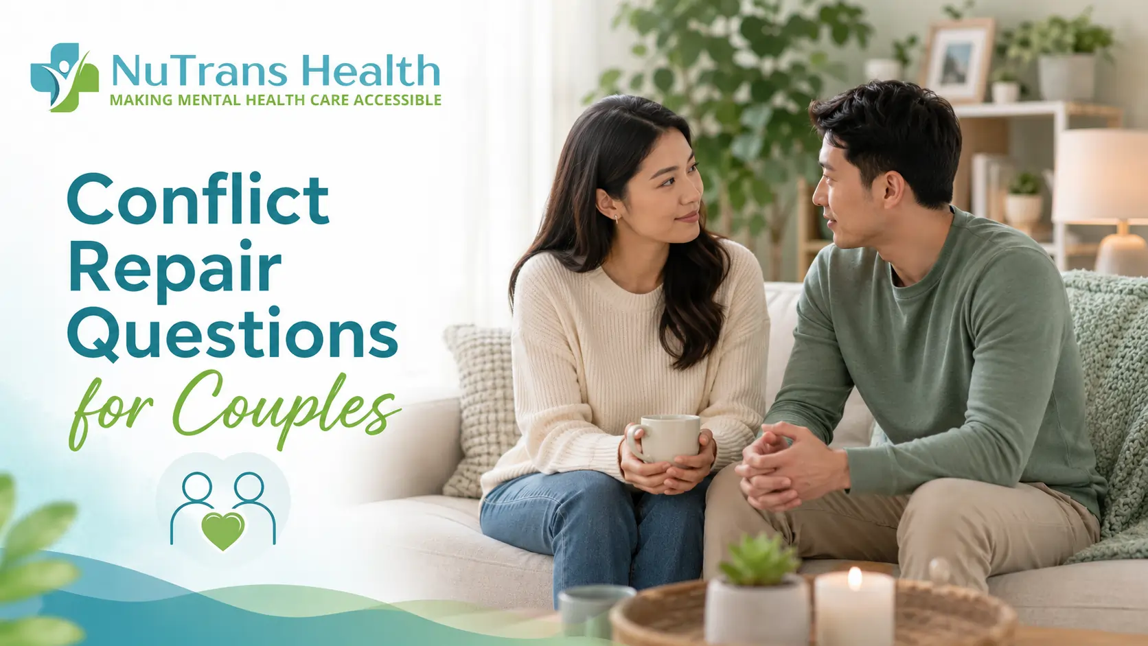 Couple sitting together after disagreement and talking peacefully
